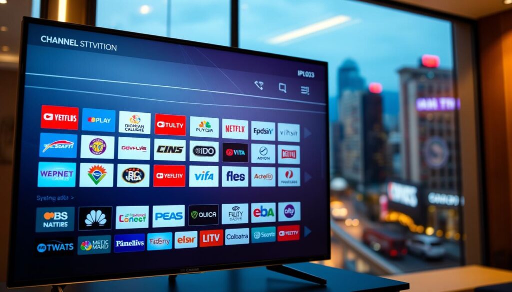 A vibrant, high-resolution image of a Colombian IPTV channel selection screen, captured with a high-quality digital camera lens. The scene is brightly lit, with a warm, inviting atmosphere. In the foreground, a sleek, modern user interface displays a grid of channel logos and names, representing a comprehensive selection of premium Colombian television channels. The middle ground features subtle, elegant graphic elements that complement the channel layout, while the background showcases a blurred, out-of-focus cityscape, hinting at the cosmopolitan setting. The overall composition conveys a sense of sophistication, technology, and the diverse cultural offerings available through this IPTV service.