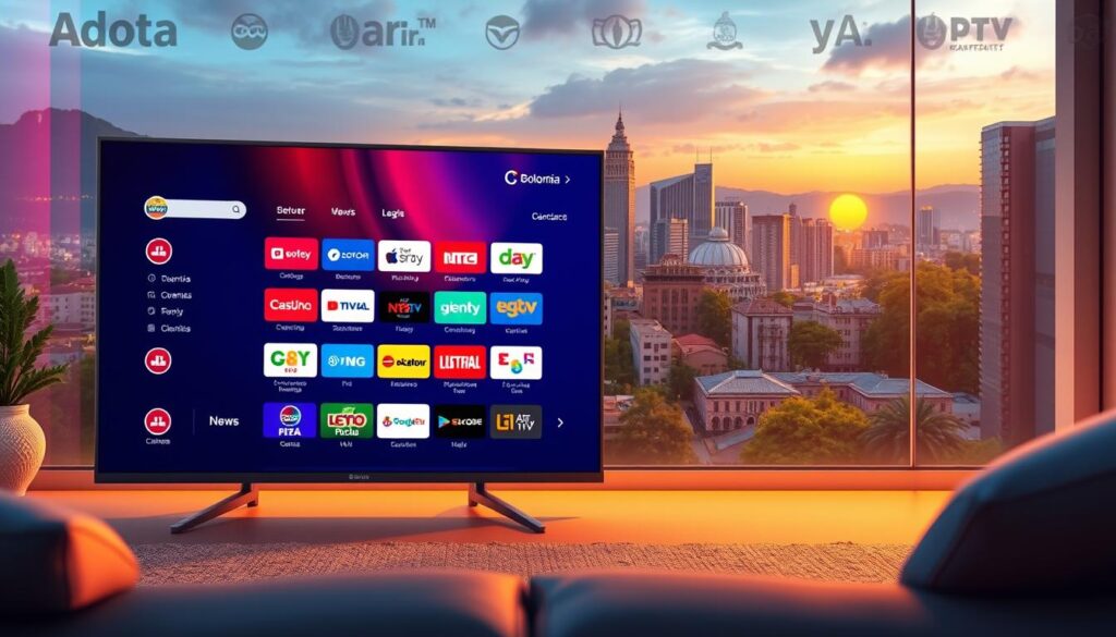 Detailed illustration of Colombian IPTV streaming services. In the foreground, a sleek smart TV displaying a vibrant IPTV interface with a diverse selection of Colombian channels. In the middle ground, colorful icons representing different content genres like news, sports, and entertainment. In the background, a cityscape of Bogotá, the capital of Colombia, with its iconic skyscrapers and lush greenery. The scene is bathed in warm, ambient lighting, conveying a sense of comfort and cultural immersion. The composition emphasizes the seamless integration of Colombian media content with modern streaming technology, catering to the needs of the Colombian diaspora.