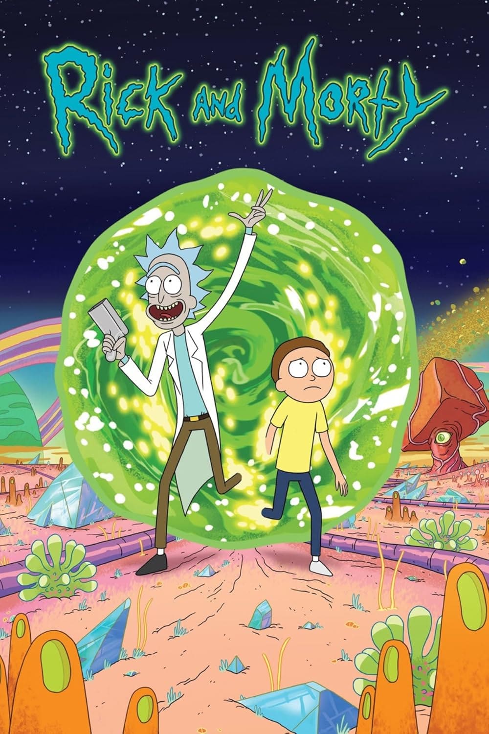 Animated scientist and boy stand before a swirling green portal on an alien landscape, with bizarre plants and colorful structures under a starry sky. The Rick and Morty title appears at the top in green lettering, while a subtle Colombia IPTV logo is displayed in the corner, hinting at interdimensional adventures now streaming.