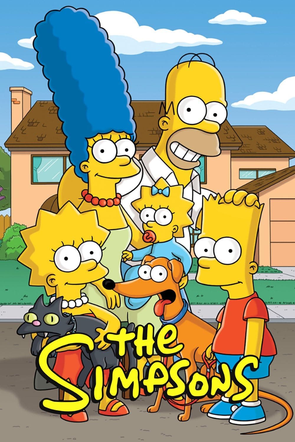 Cartoon family of six with blue and yellow hair, standing in front of a house with a dog and a cat. The title The Simpsons is written at the bottom in yellow letters, making it an iconic image often found on Colombia IPTV services.