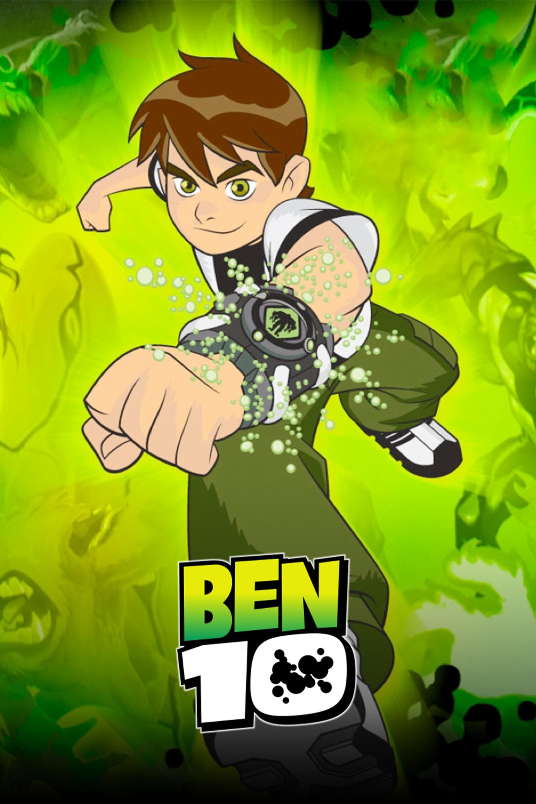 Animated boy in a green outfit punches forward, wearing a glowing watch device. Green energy and shadowy creatures surround him, as if powered by the excitement found on Colombia IPTV. The text BEN 10 appears at the bottom.