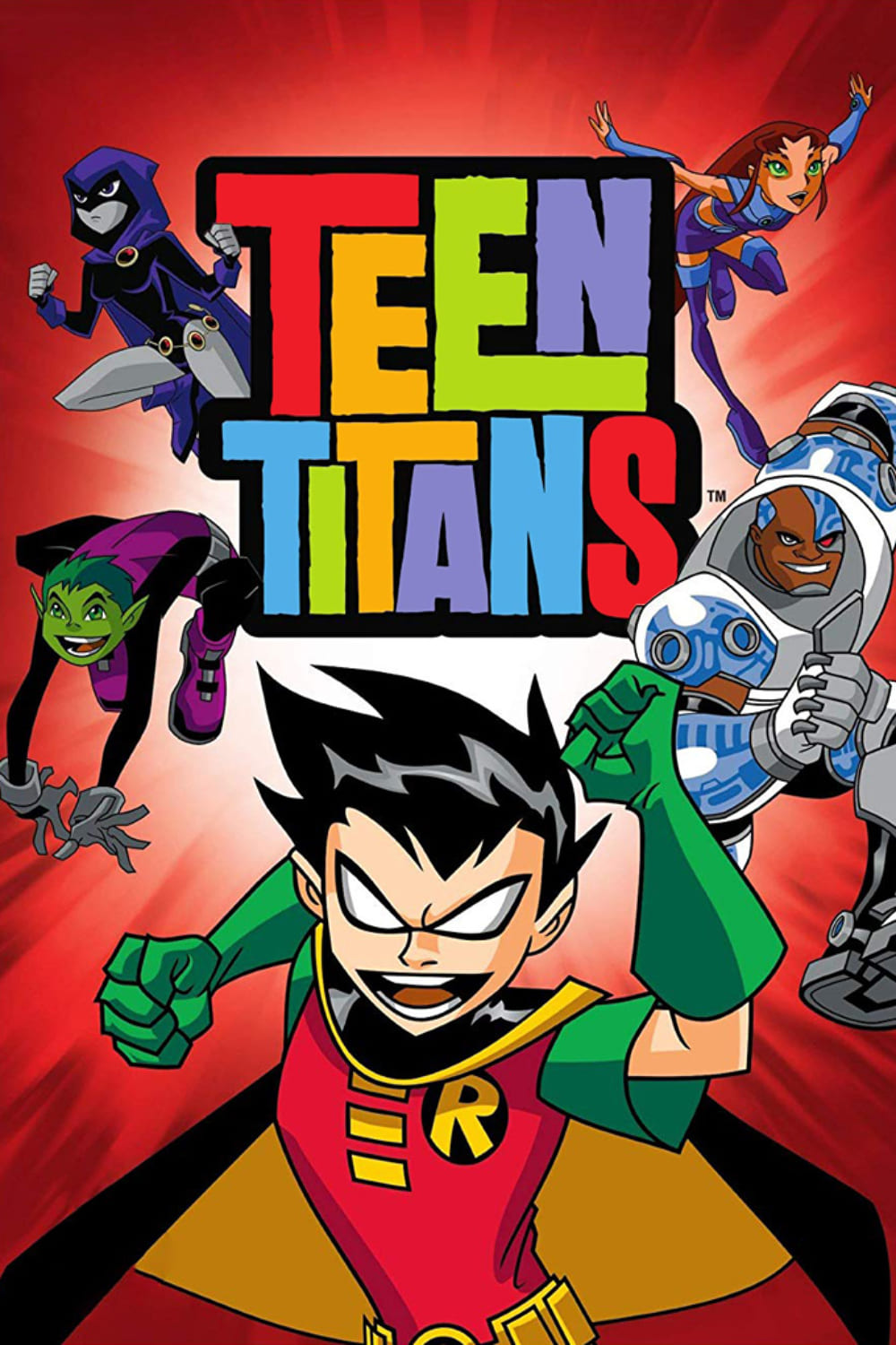 Five animated Teen Titans characters pose energetically around a bold, colorful Teen Titans logo on a red background, as seen on Colombia IPTV, with Robin in front and Beast Boy, Raven, Starfire, and Cyborg behind him.