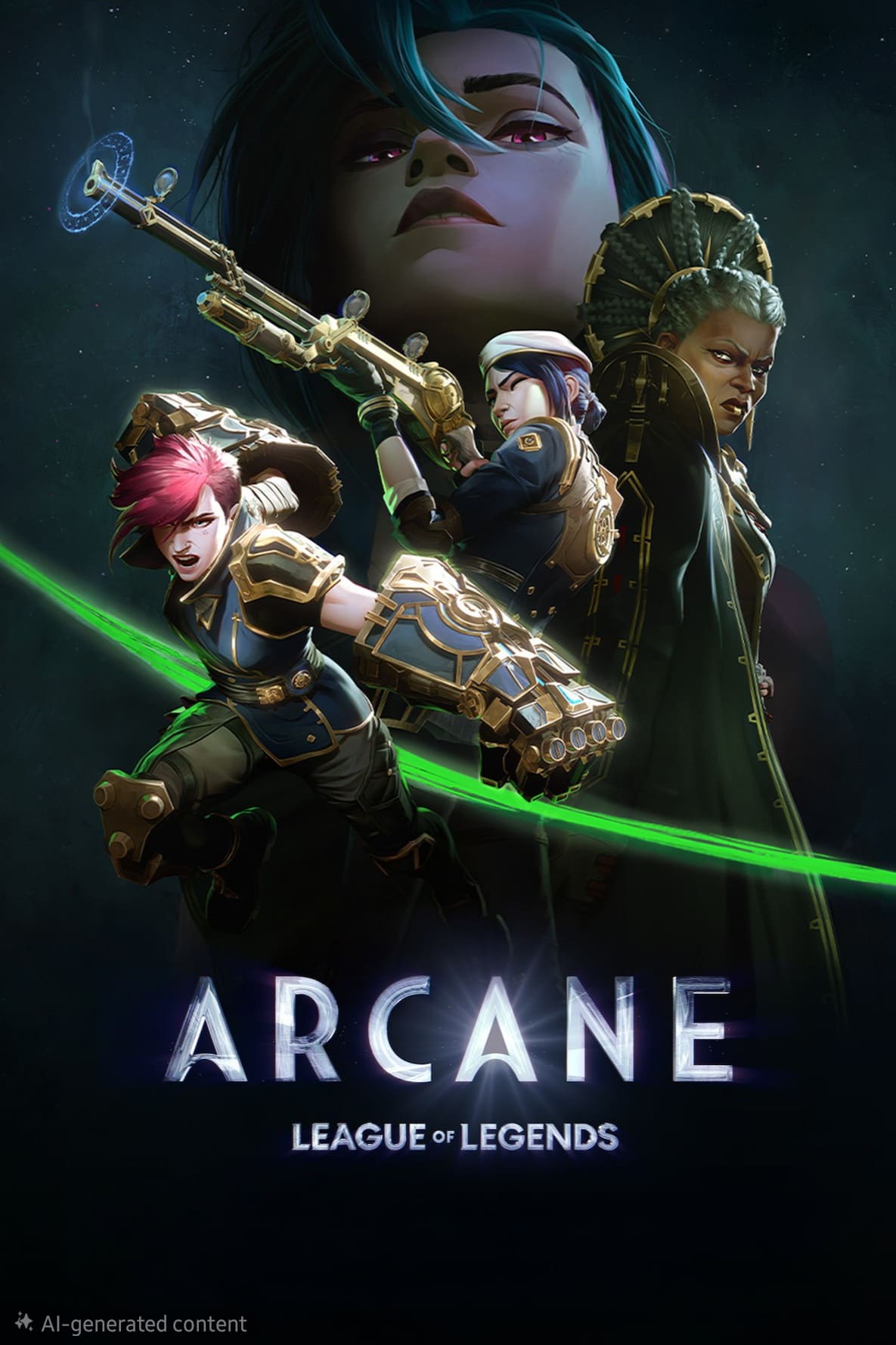 Three animated characters in action poses hold weapons, with a fourth character’s face looming above them. The word Arcane and League of Legends appear at the bottom. The image is dark with dramatic lighting, reminiscent of the cinematic visuals often showcased on Colombia IPTV platforms.