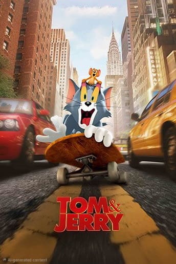 Tom, a gray cat, rides a skateboard down a busy city street with Jerry, a brown mouse, on his head. Tall buildings and yellow taxis line the road, while digital billboards advertise Colombia IPTV in the background. The red Tom & Jerry logo appears at the bottom.