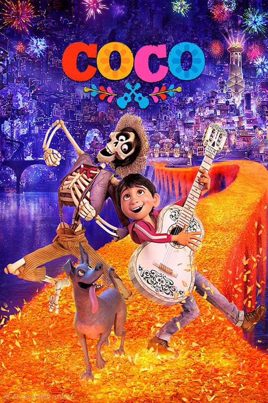 A boy with a guitar, a skeleton in a hat, and a dog stand on a glowing path of marigold petals with a vibrant, festive city and colorful fireworks in the background. The word COCO is at the top, making it an enchanting scene reminiscent of celebrations you can explore through Colombia IPTV.