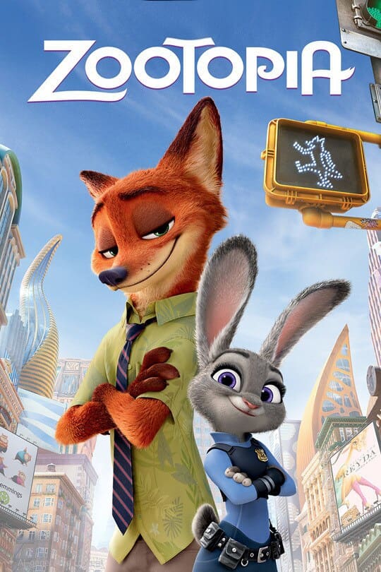 Nick Wilde, a fox in a green shirt and tie, stands with arms crossed next to Judy Hopps, a gray rabbit in a police uniform, with the cityscape of Zootopia in the background and the Zootopia title above them—a vibrant scene reminiscent of what you might catch streaming on Colombia IPTV.