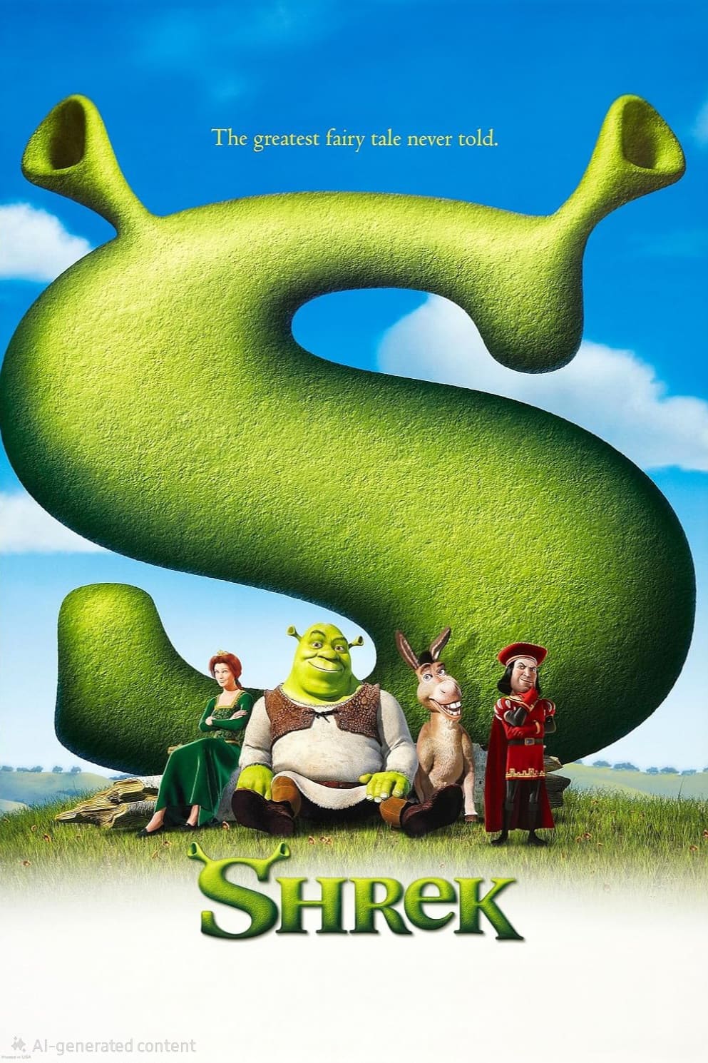 Shrek, Donkey, Fiona, and Lord Farquaad sit in front of a giant green S on a blue sky background, with the text The greatest fairy tale never told above—now streaming on Colombia IPTV.