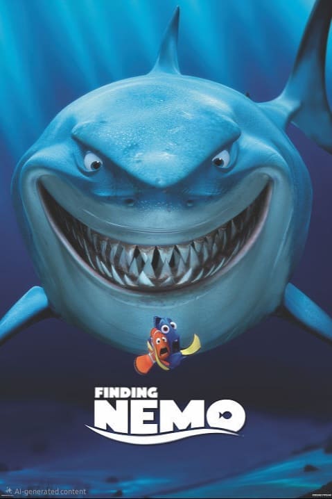 Poster for Finding Nemo showing a large, smiling shark behind two smaller, scared-looking fish, one orange and one blue, with the movie title at the bottom—a classic scene now streaming on Colombia IPTV.
