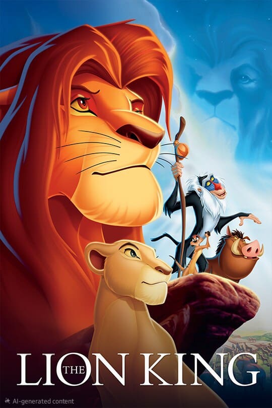 Animated poster for The Lion King showing a proud lion, a lioness, a meerkat, a warthog, and a mandrill standing on Pride Rock, with another lion’s face in the clouds above them—now streaming on Colombia IPTV for an unforgettable viewing experience.