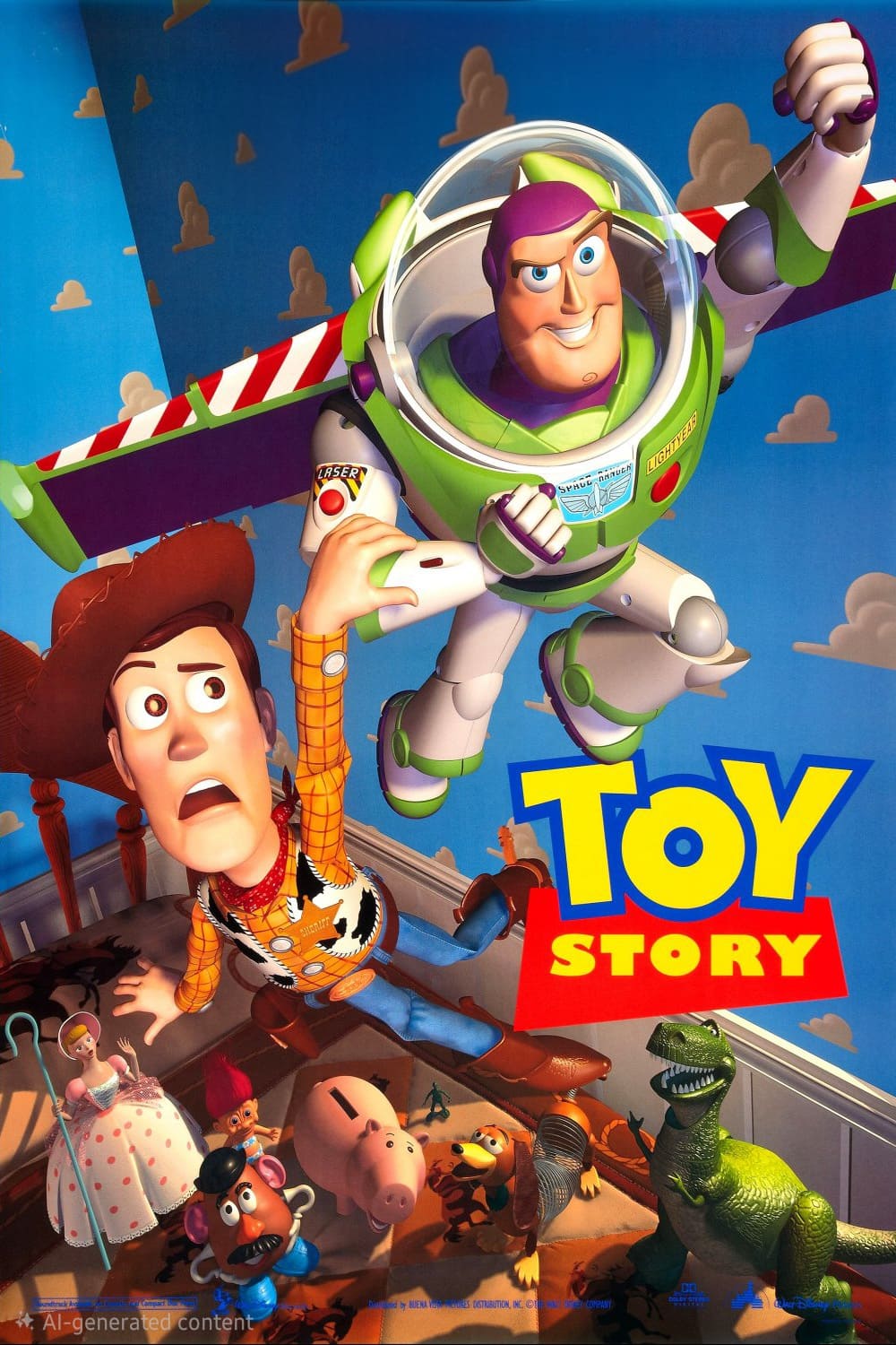 Woody and Buzz Lightyear from Toy Story are flying above other toy characters in a child's bedroom, with the Toy Story logo at the bottom right, creating a scene as vibrant and dynamic as your favorite movies on Colombia IPTV.