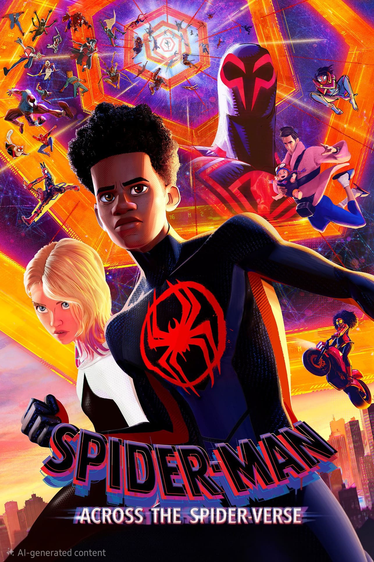 Animated poster for “Spider-Man: Across the Spider-Verse” featuring multiple Spider-People, including Miles Morales and Gwen Stacy, set against a colorful, abstract multiverse background—perfect for streaming on Colombia IPTV.