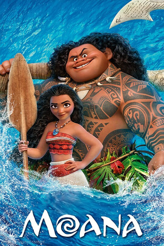 Animated Moana and Maui stand together on the ocean, holding a paddle. Maui is large with long curly hair and tattoos. Moana wears a red top and white skirt. Waves splash around them, with “Moana” written at the bottom—an adventurous scene perfect for fans tuning in through Colombia IPTV.