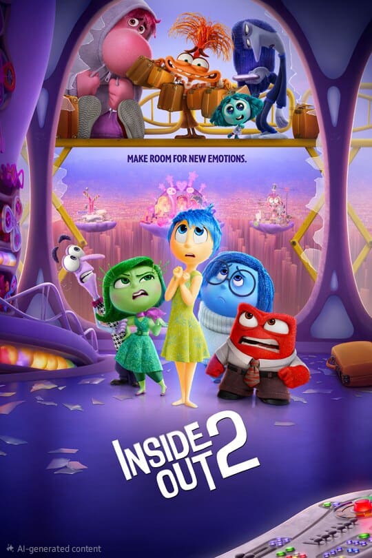 Poster for Inside Out 2 featuring animated emotion characters, including Joy, Sadness, Anger, Disgust, and Fear, with new emotions above them. The tagline reads, “Make room for new emotions.” Perfect for fans discovering the film through Colombia IPTV.
