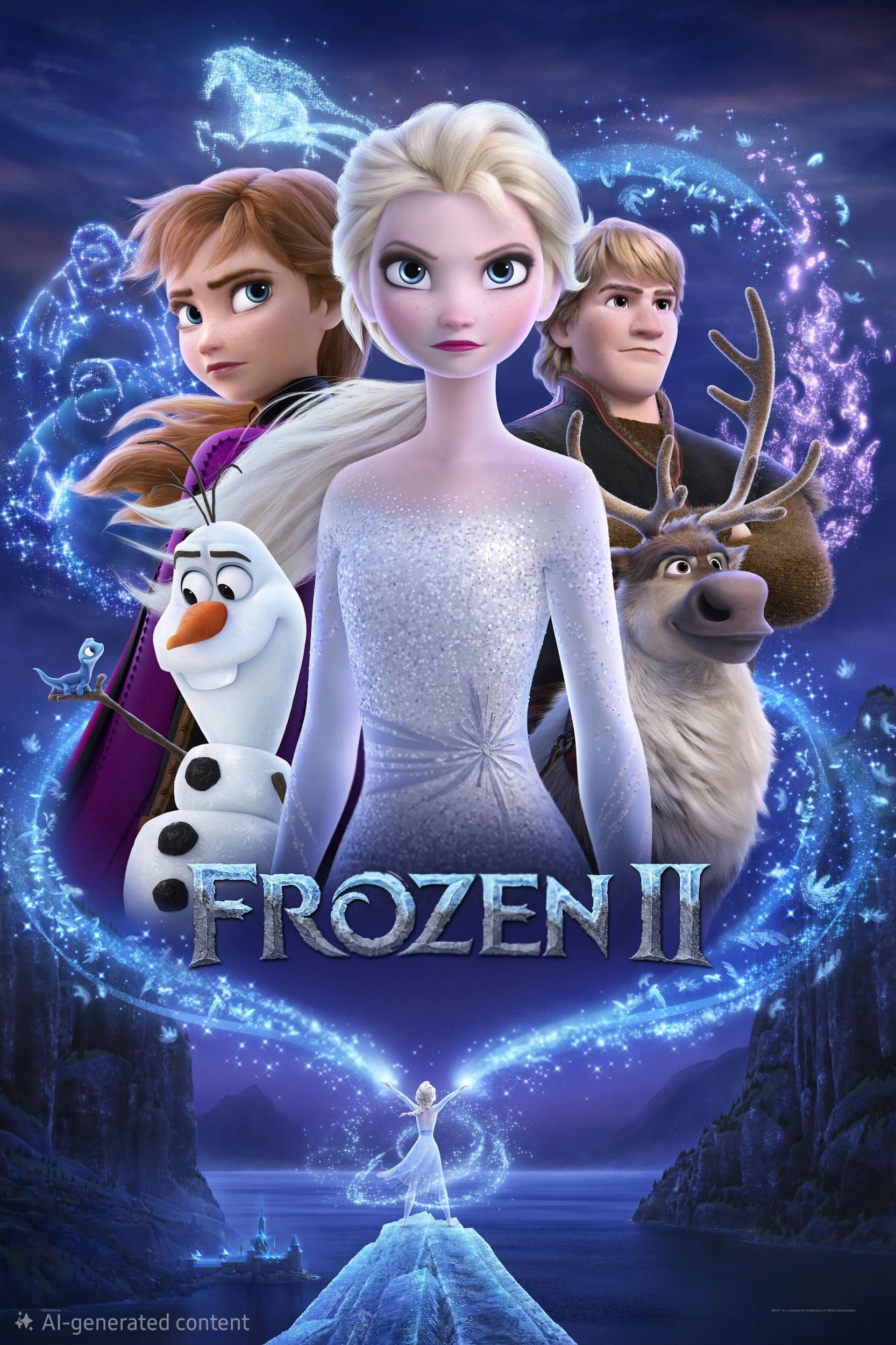Four animated characters—Elsa, Anna, Kristoff, and Olaf—stand together with Sven the reindeer. Magical blue swirls surround them as if brought to life on Colombia IPTV. The “Frozen II” title appears at the bottom with Elsa on ice below.