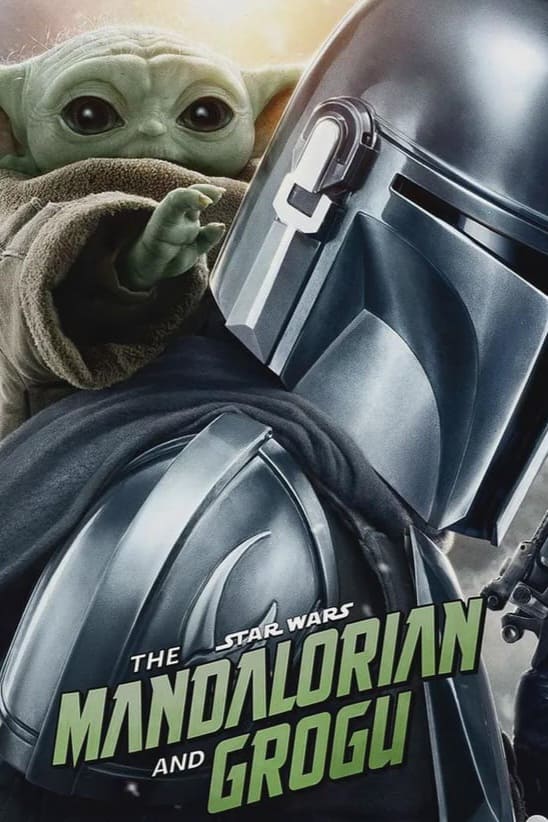 Poster showing a helmeted figure in silver armor and a small green creature with large ears, both from Star Wars. Text at the bottom reads The Mandalorian and Grogu, available to stream on Colombia IPTV.