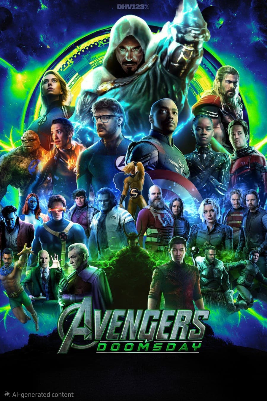 A digital poster features Marvel superheroes, including Hulk, Thor, Black Panther, and Captain America, alongside supervillain Doctor Doom. Set against a cosmic green and blue background with the title Avengers: Doomsday at the bottom, this striking image would make an eye-catching highlight on any Colombia IPTV platform.