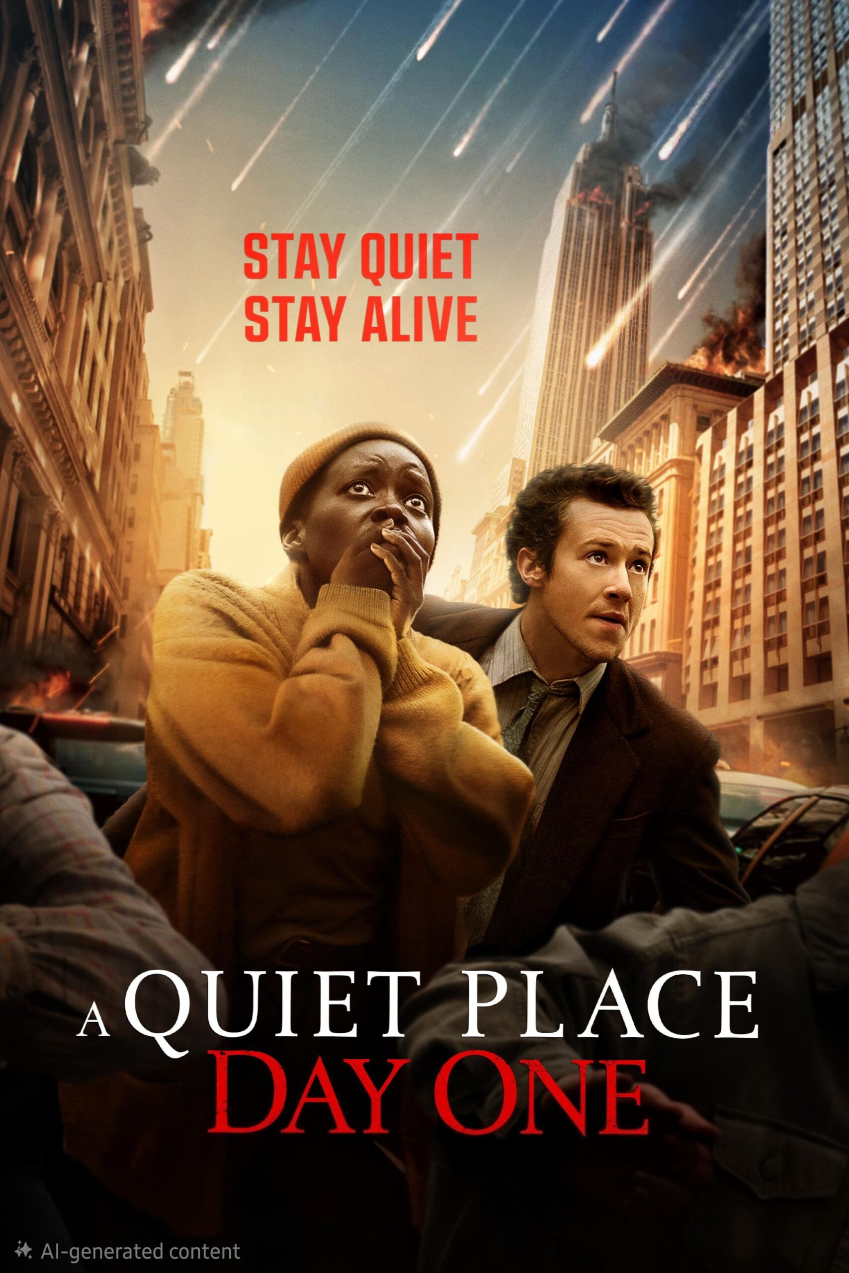 Two people look frightened in a city as fiery objects fall from the sky. Dramatic text reads Stay Quiet Stay Alive and A Quiet Place Day One against a backdrop of chaos and destruction—a gripping scene now streaming on Colombia IPTV.