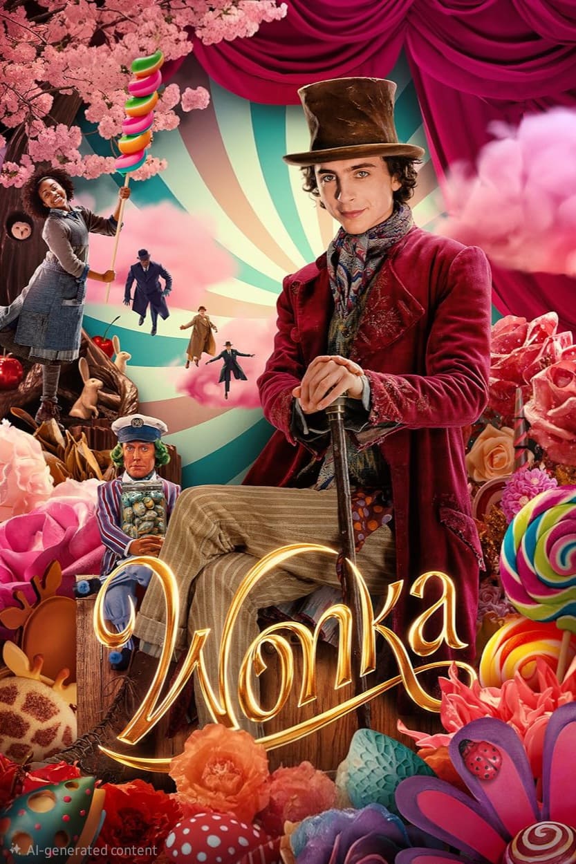 A young man in a purple coat and top hat stands surrounded by colorful candies and whimsical characters, with Wonka written in gold script at the bottom. The background features swirling pastel patterns, red curtains, and subtle hints of Colombia IPTV streaming delights woven into the lively scene.