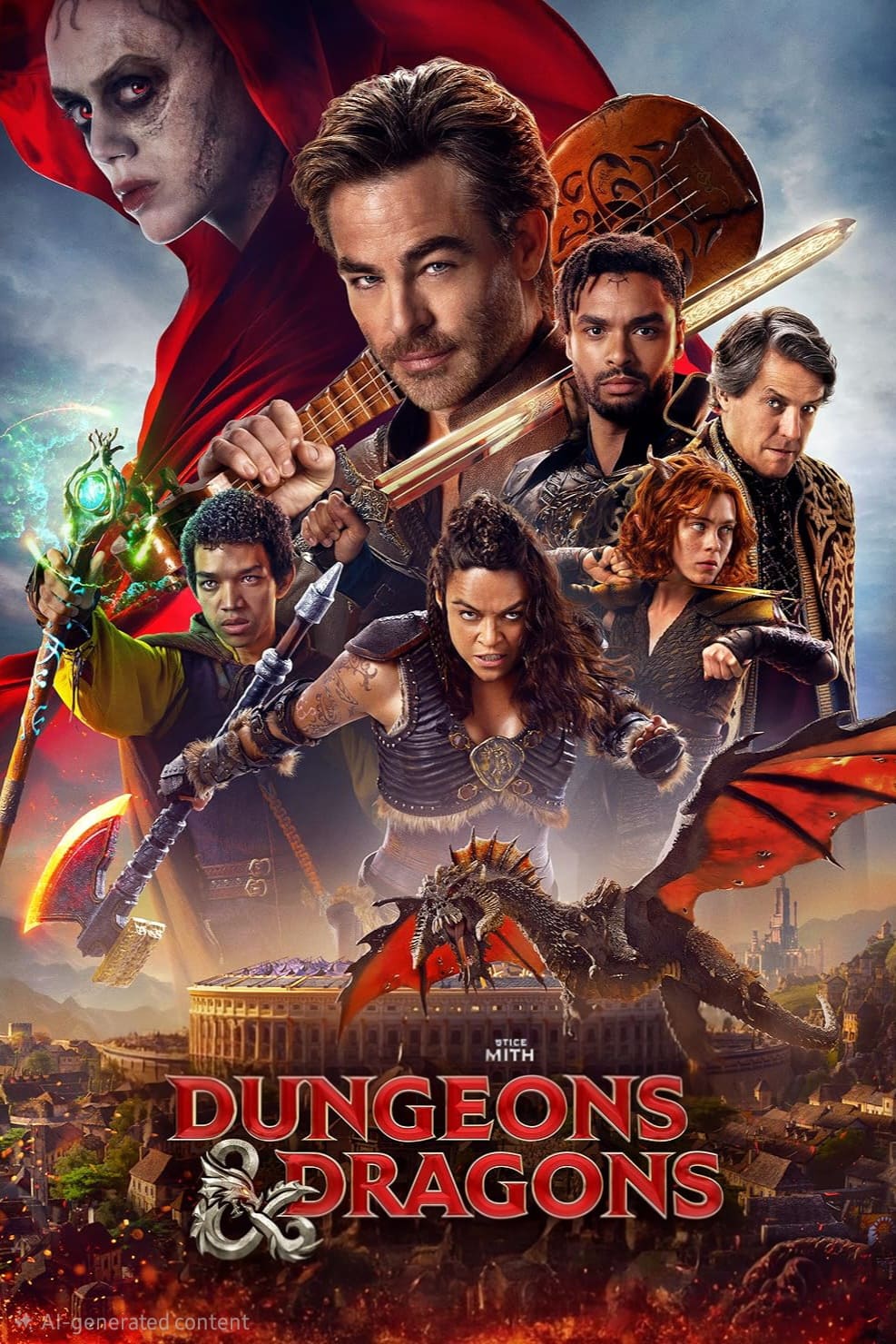 Poster for Dungeons & Dragons: Honor Among Thieves showing main characters in fantasy costumes, weapons drawn, with a dragon, a red-hooded figure, and a magical city in the background—available to stream on Colombia IPTV for an epic adventure experience.