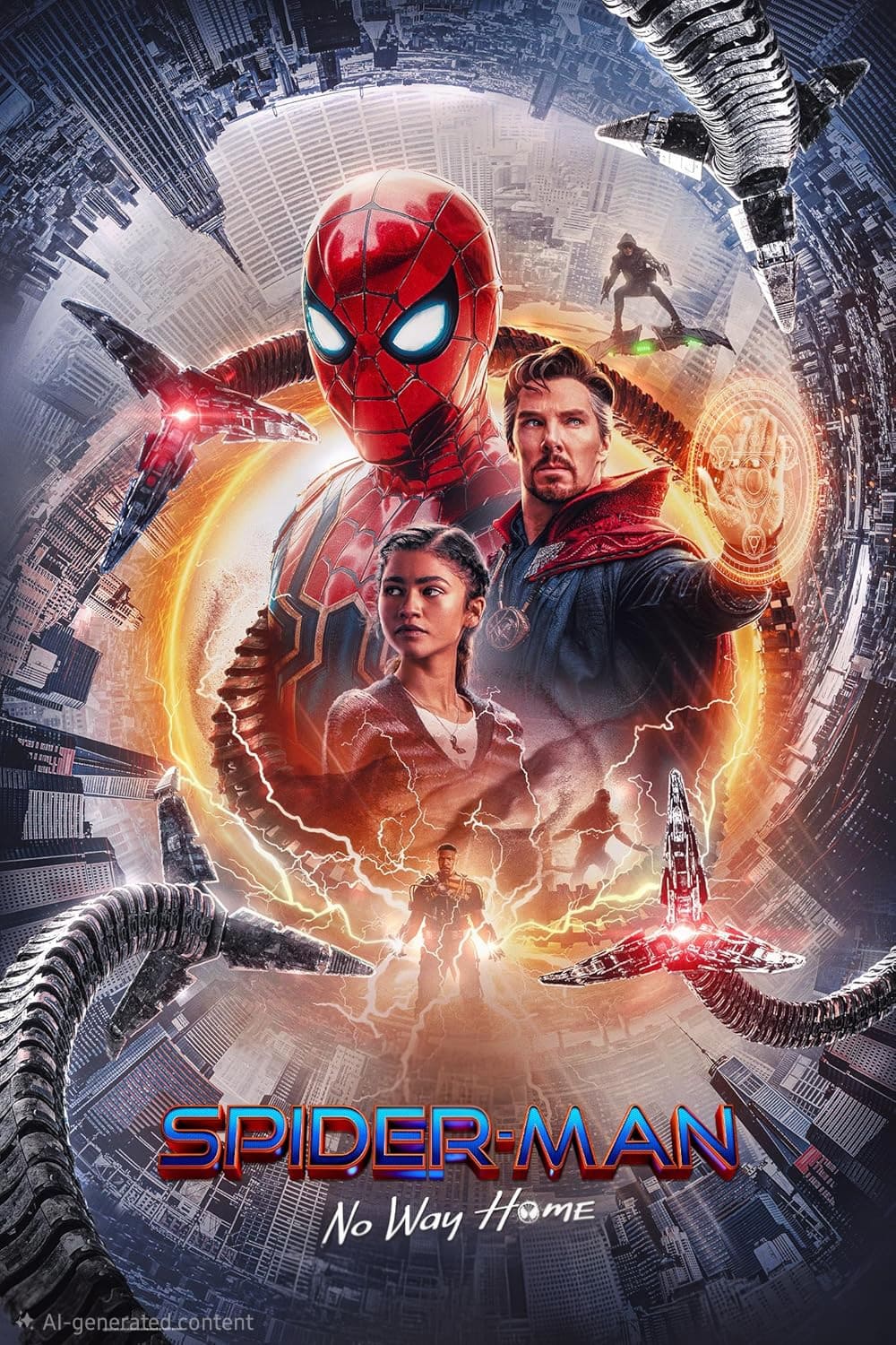 Movie poster for Spider-Man: No Way Home featuring Spider-Man, Doctor Strange, a woman, and mechanical tentacles with a city background and swirling magical effects—now available to enjoy through Colombia IPTV.