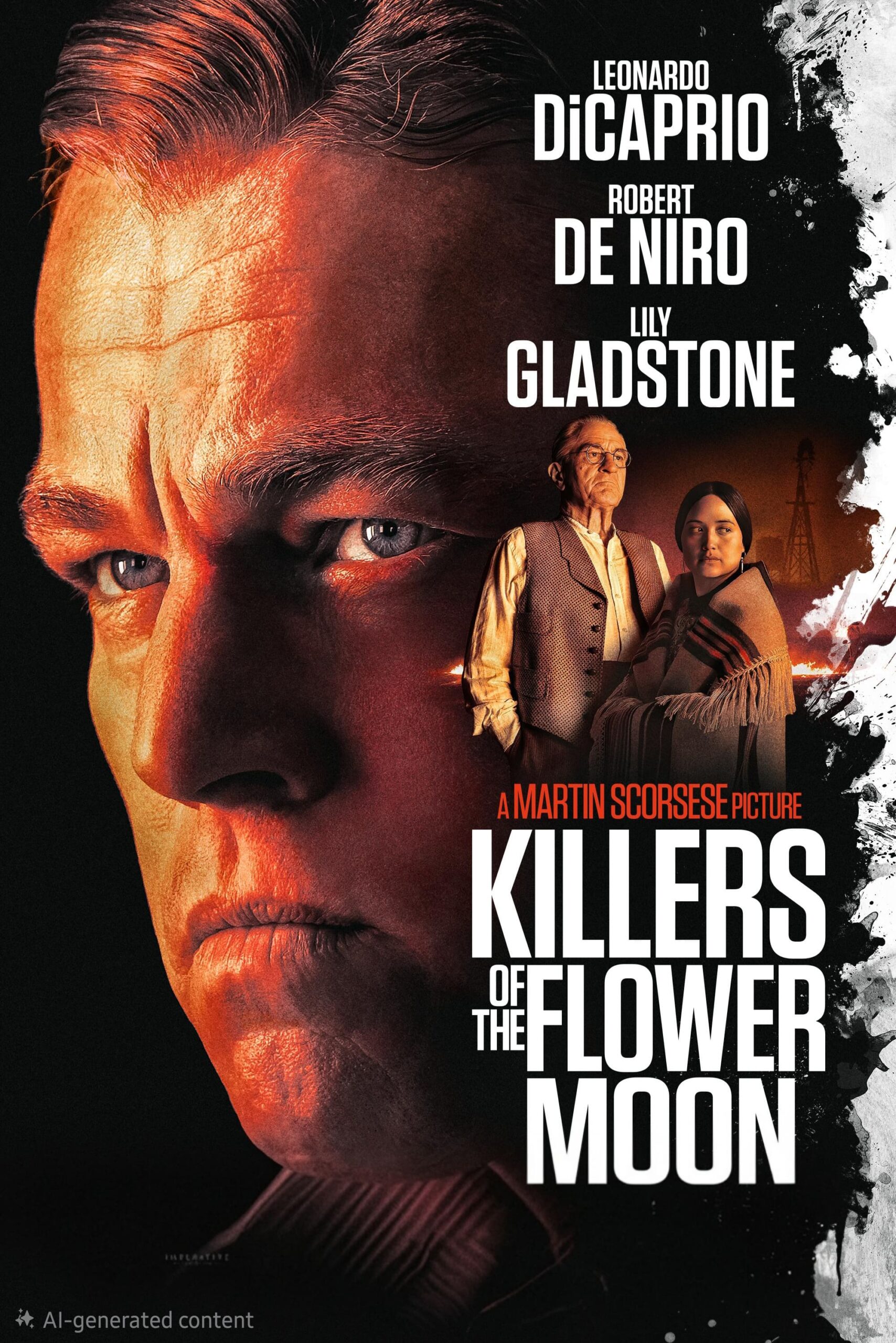 Movie poster for “Killers of the Flower Moon” featuring a large close-up of a man’s face, with two people standing together and an oil rig in the background. The actors’ names and movie title are prominently displayed, making it a striking addition to any Colombia IPTV collection.