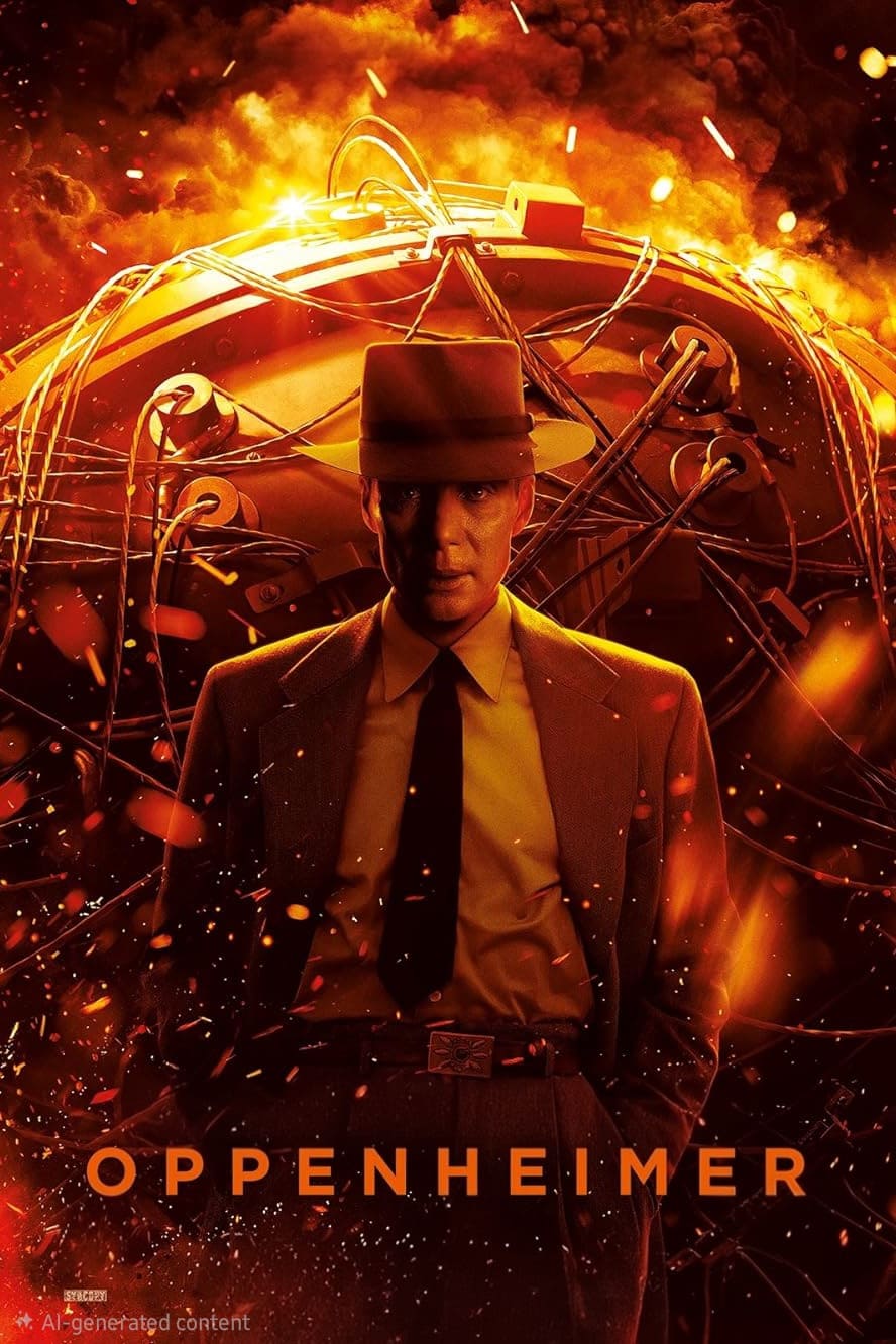 A man in a suit and fedora stands in front of a fiery atomic explosion, with scientific symbols and wires in the background, evoking the intense drama of history. The text OPPENHEIMER appears at the bottom of the image, reminiscent of streaming cinematic experiences on Colombia IPTV.
