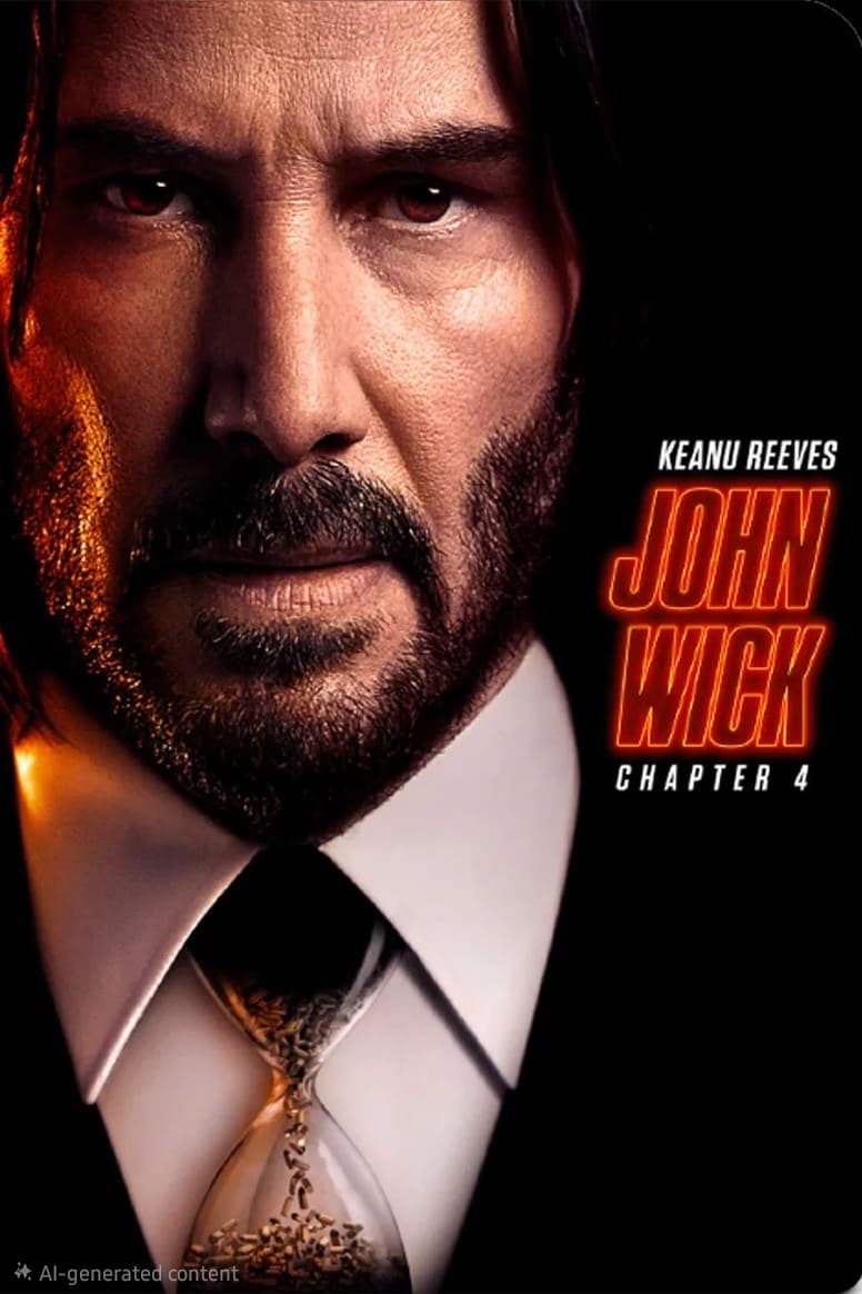 A close-up of a bearded man in a suit and tie, with an intense expression. Text reads: Keanu Reeves John Wick Chapter 4 in bold red and orange letters on the right side, highlighting Colombia IPTV as a streaming option for fans.