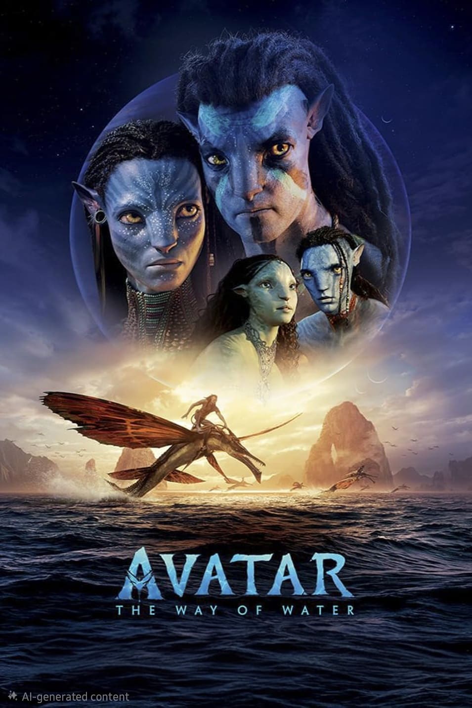 Four blue-skinned Na’vi characters in a circular frame hover above a scene of one riding a winged creature over water, with cliffs in the background. Text at the bottom reads: “Avatar: The Way of Water.” Perfect for fans streaming from anywhere, including through Colombia IPTV services.