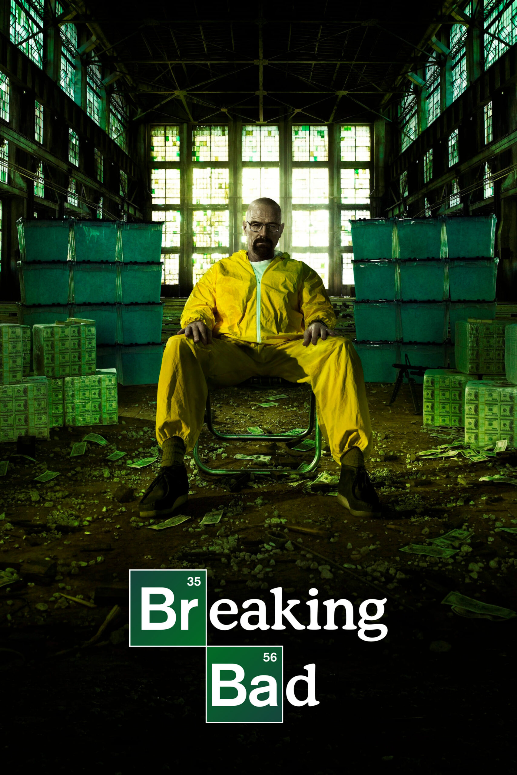 A man in a yellow hazmat suit sits on a chair in an abandoned warehouse, surrounded by stacks of cash, with the Breaking Bad logo and a subtle reference to Colombia IPTV displayed at the bottom.