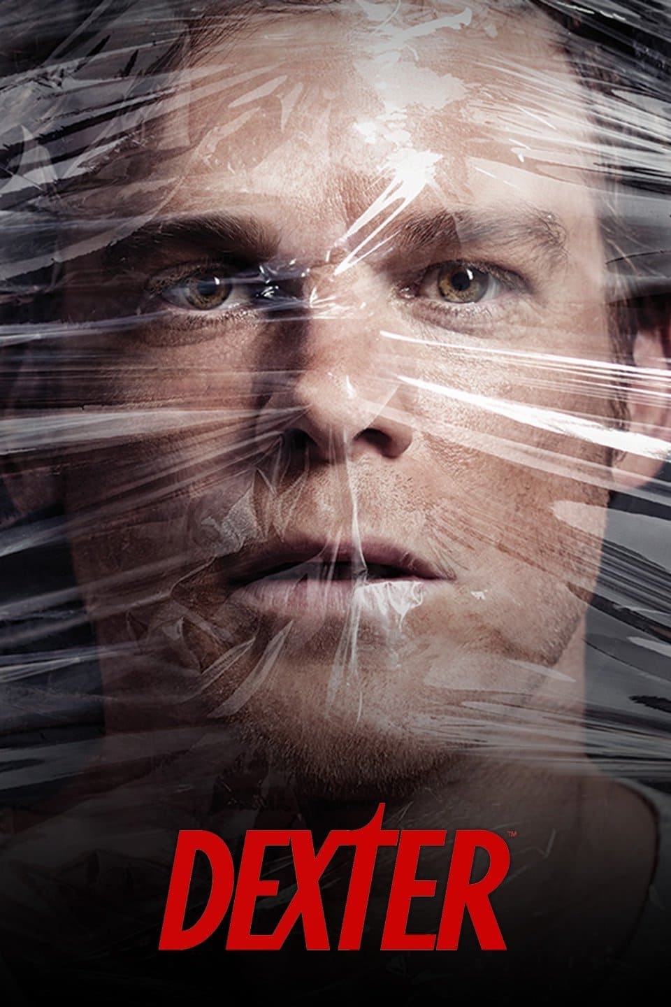 A close-up of a man's face wrapped tightly in clear plastic wrap, with the word DEXTER in bold red letters at the bottom—an image as intense and gripping as the thrill of tuning into Colombia IPTV’s most suspenseful dramas.