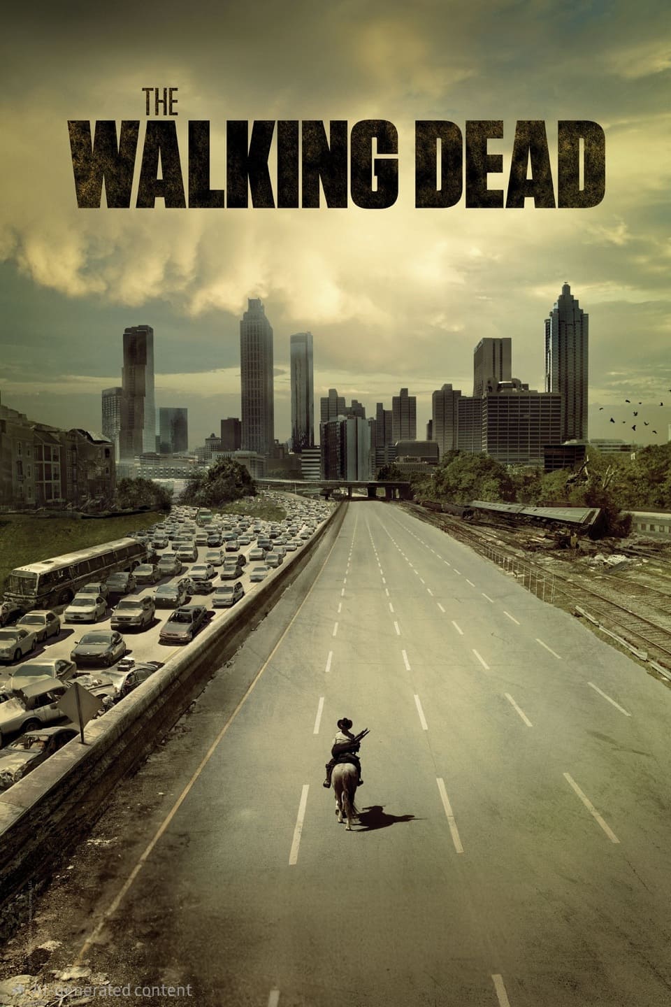 A lone person on horseback rides down an empty highway toward a city skyline, while abandoned cars crowd the opposite lanes. The sky is cloudy and ominous, with The Walking Dead title above—a striking scene that has become instantly recognizable to fans streaming the series through Colombia IPTV services.