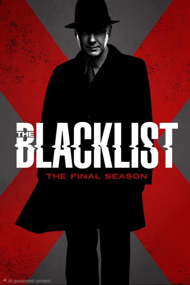 A man in a dark coat and hat stands in front of a large red X with The Blacklist and The Final Season written across the image, set against a gray background. Experience this dramatic moment on Colombia IPTV.