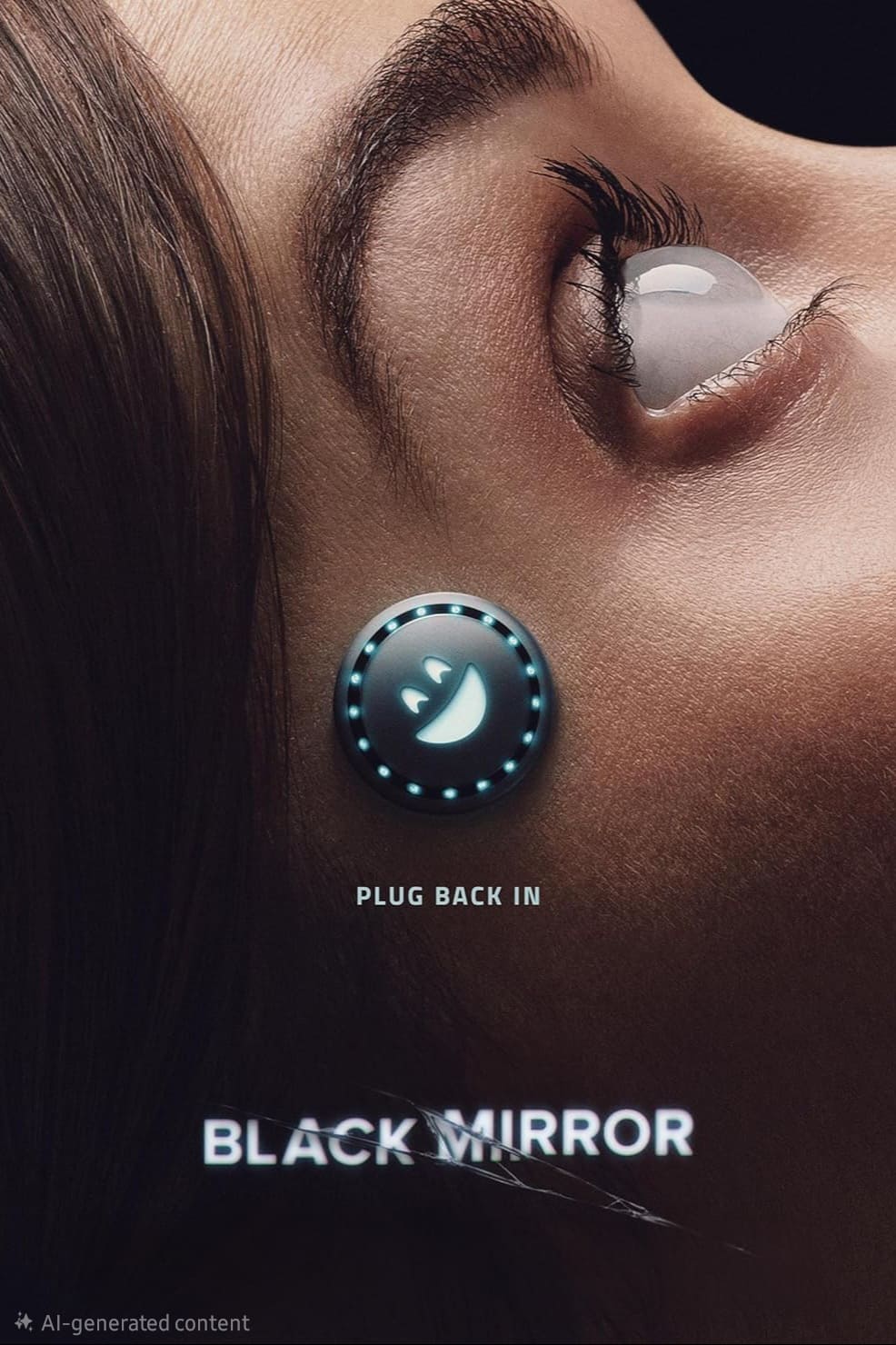 A close-up of a person’s face with a glowing, smiley-face device on their temple. The text reads Plug Back In and Black Mirror. The image hints at technology's influence on humanity—much like how Colombia IPTV is changing the way we connect to media in the digital age.