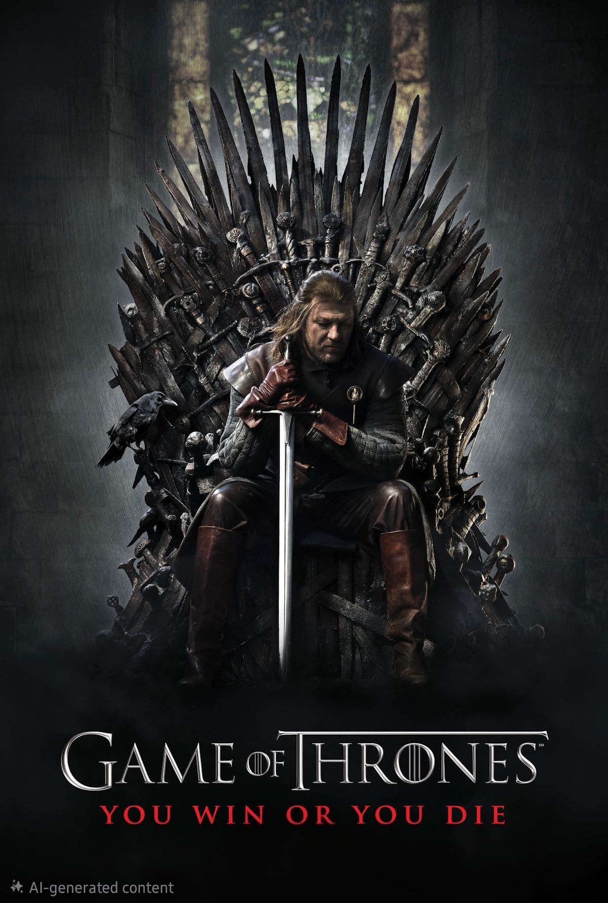A man with long hair and armor sits on an iron throne made of swords, holding a sword. The text reads, Game of Thrones: You win or you die. The background is dark and dramatic, capturing the intensity fans in Colombia can now experience through Colombia IPTV.