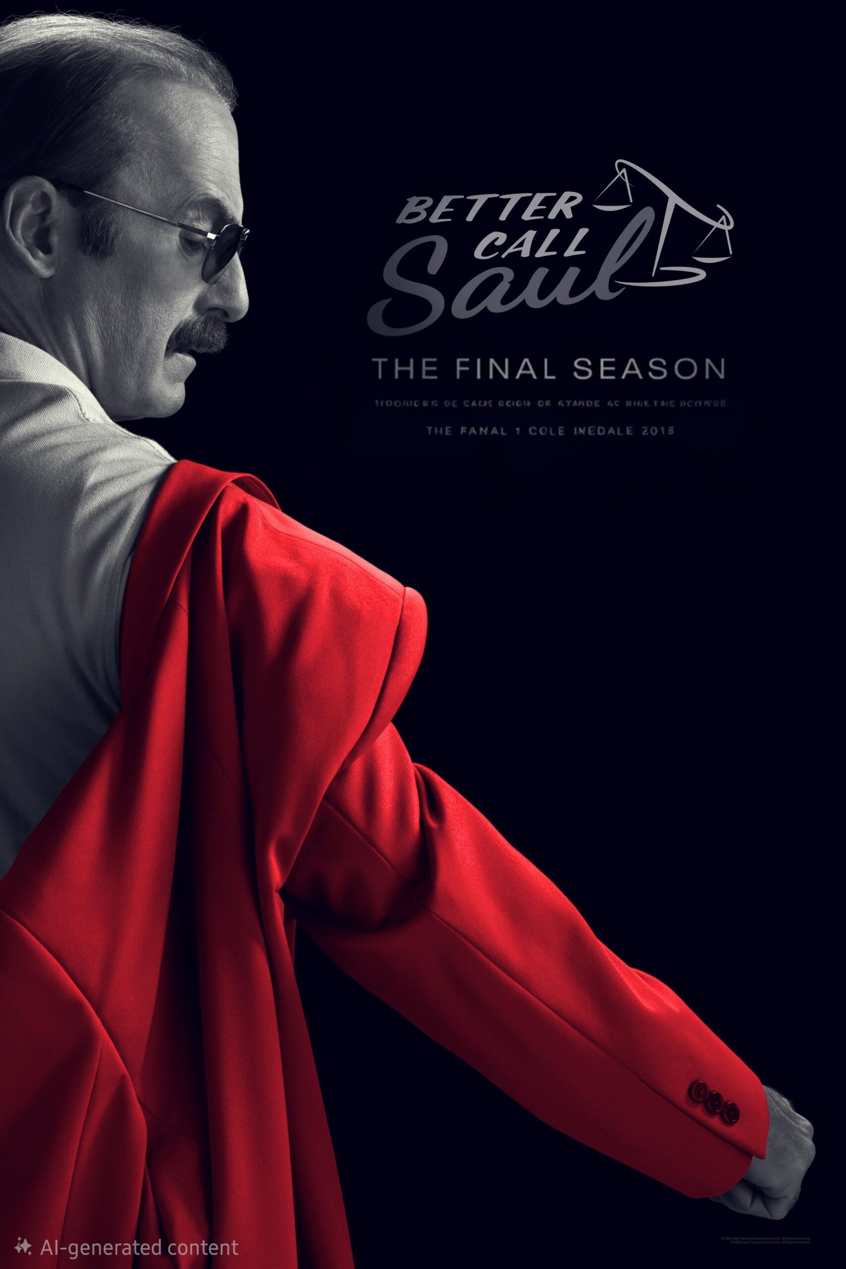 A man with glasses and a mustache drapes a red coat over his shoulder. The text reads Better Call Saul: The Final Season on a dark background, hinting at the anticipation surrounding its release on Colombia IPTV.