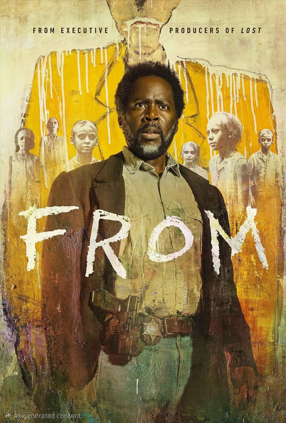 A serious man stands in front of eerie, ghostly figures with the word FROM across his body. The background is yellow and textured, with a faded image of another man's torso behind him—evoking the haunting atmosphere found on Colombia IPTV thriller channels.