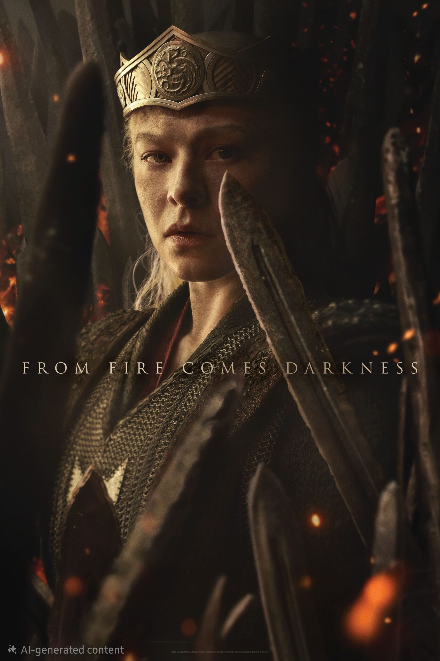 A person in a crown and armor sits on a throne made of dark, jagged swords, with embers glowing—much like a scene streaming straight from Colombia IPTV. Text on image reads, From Fire Comes Darkness.