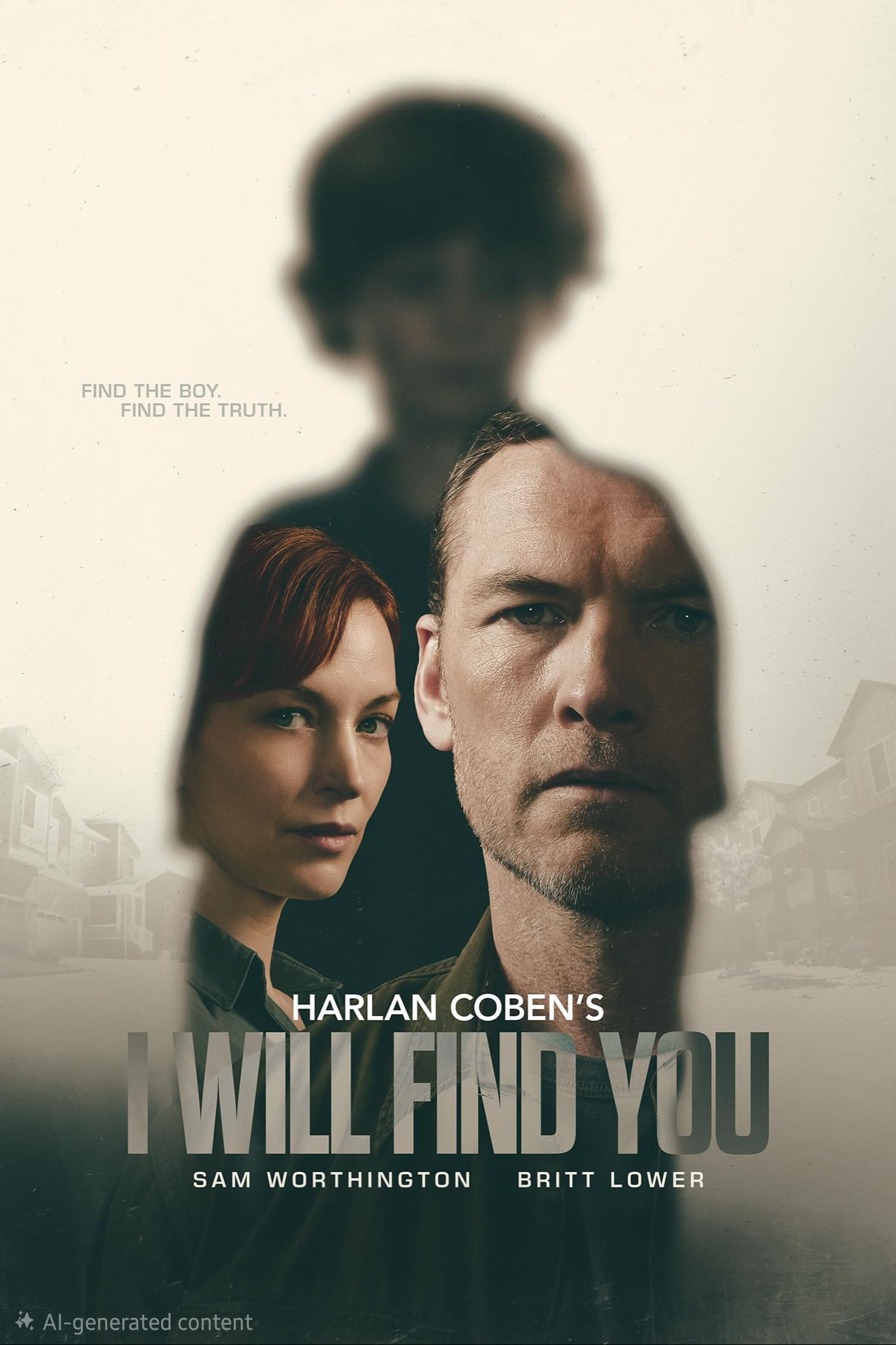 A blurry child’s silhouette overlays the serious faces of a man and woman. Text reads, Harlan Coben’s I Will Find You, with Sam Worthington and Britt Lower listed below. A foggy neighborhood is in the background, reminiscent of scenes streaming on Colombia IPTV.