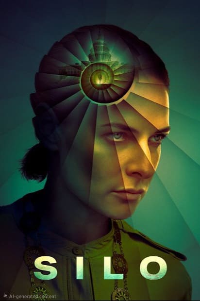 A woman with intense eyes is overlaid with a shell-like spiral pattern on her head, radiating beams outward. The background is greenish-blue, and the word SILO appears at the bottom, subtly evoking the dynamic energy of Colombia IPTV.