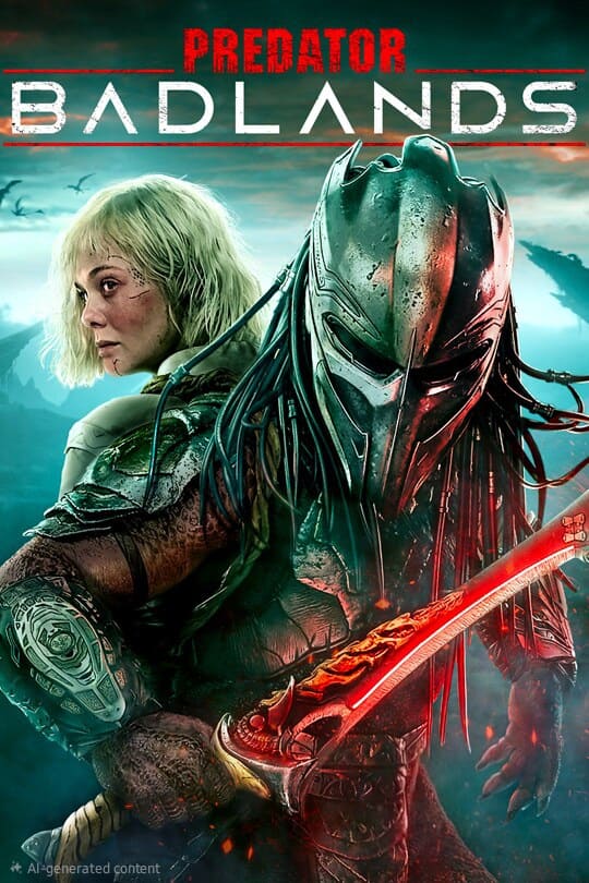 A woman with short blonde hair stands back-to-back with an armored Predator holding a glowing red sword. The foggy mountains under a cloudy sky evoke an atmosphere as mysterious and untamed as the Predators of Colombia IPTV. The text reads Predator Badlands.