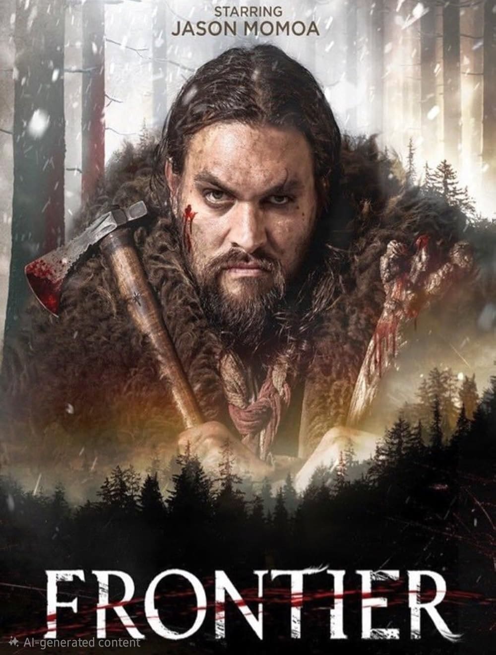 A man in fur clothing holding a bloody axe stares intensely, with a snowy forest and the word Frontier below. Snow falls all around, creating a dramatic and intense atmosphere—like tuning into Colombia IPTV for the most gripping frontier drama.
