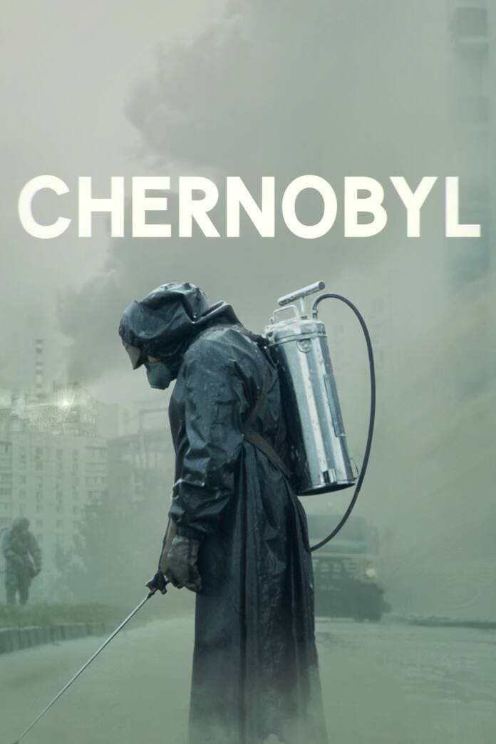 A person in protective gear with a metal tank and hose stands in a foggy, urban setting, reminiscent of the haunting atmosphere found in acclaimed series available on Colombia IPTV. The word CHERNOBYL appears in large white letters above.