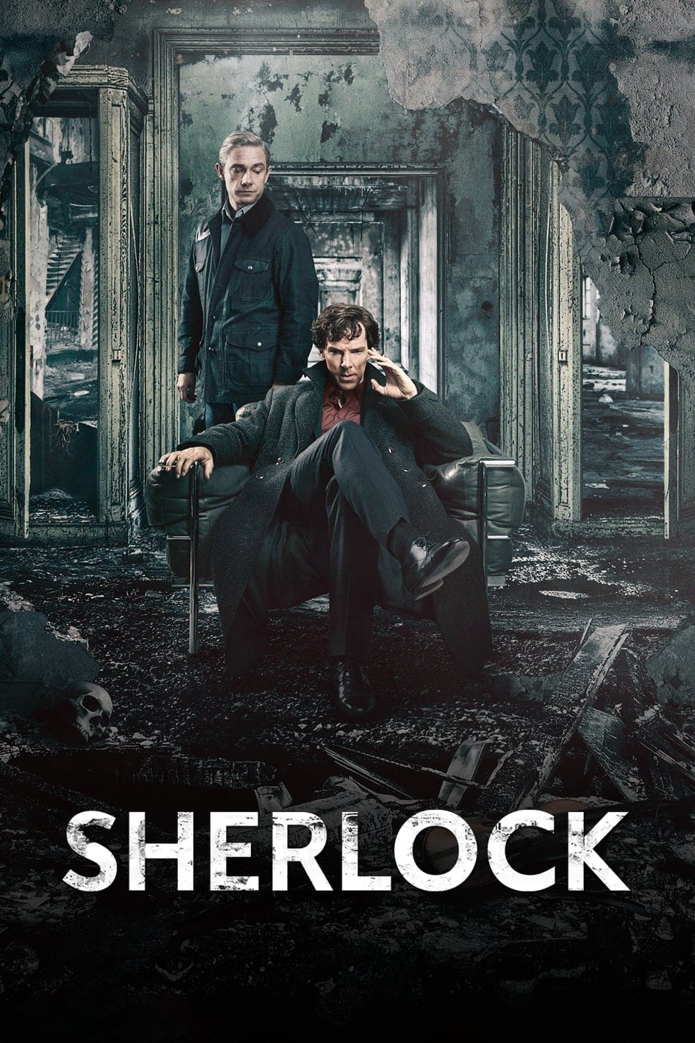 Two men, one seated and thoughtful, the other standing behind him, are in a dark, ruined room. Both wear dark coats. The word Sherlock is boldly displayed at the bottom, subtly illuminated as if streaming on Colombia IPTV.