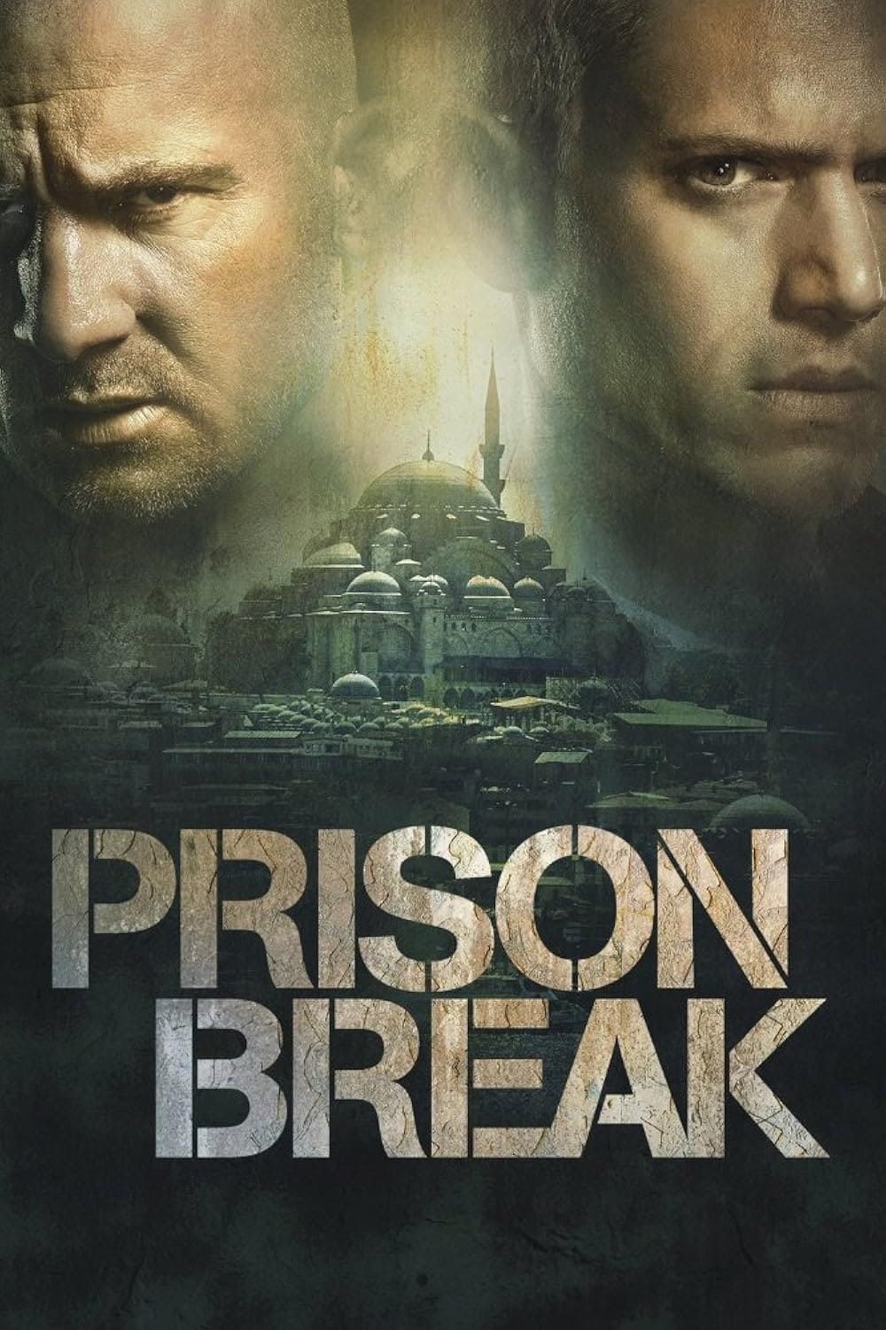 Two serious men's faces are shown above a cityscape with domed buildings, evoking the vibrant atmosphere of Colombia. The words "Prison Break" are boldly displayed at the bottom of the image, capturing attention like a high-stakes show on your favorite Colombia IPTV channel. The overall tone is dramatic and intense.