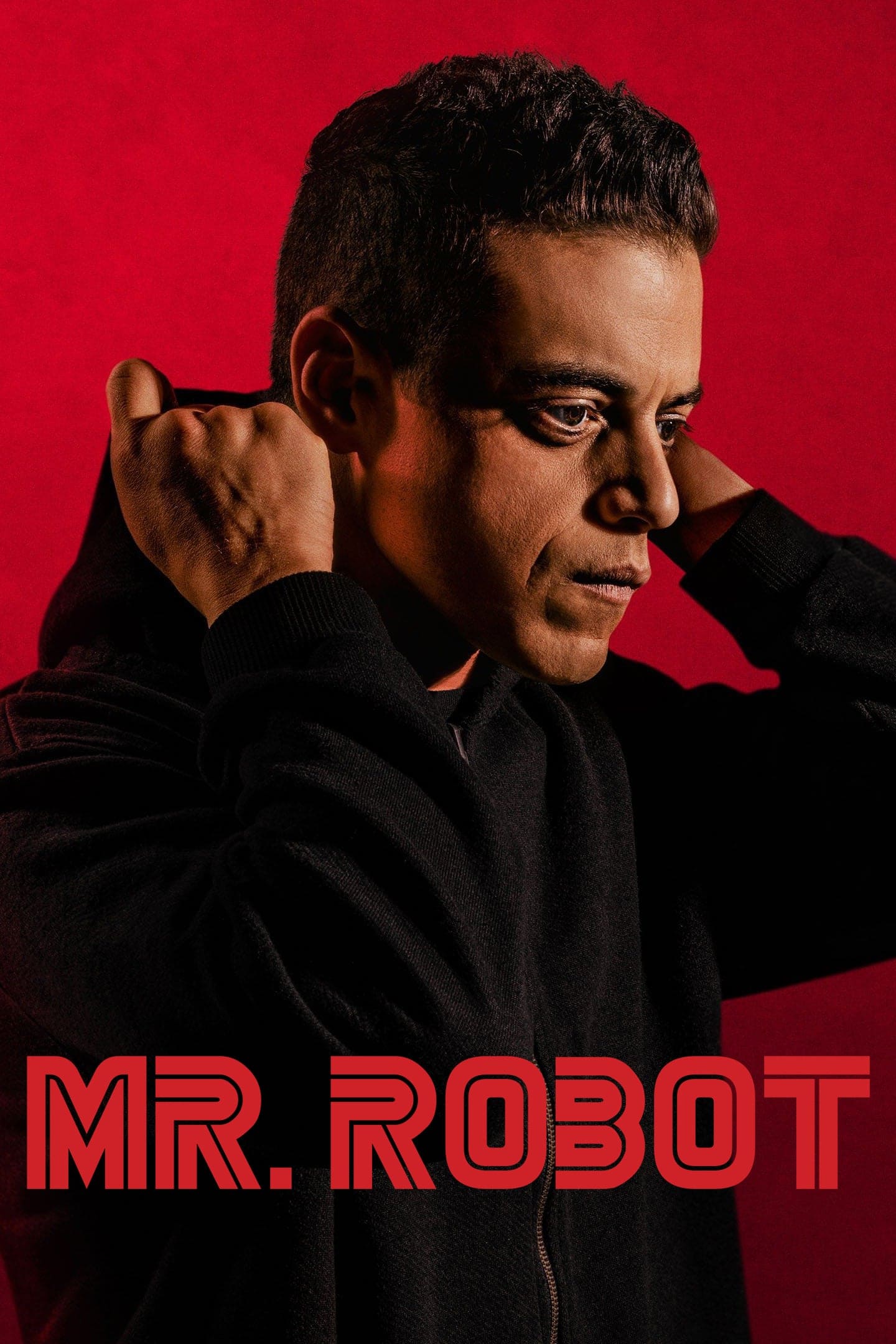 A man in a black hoodie adjusts his hood against a red background, evoking a sense of mystery and intrigue. Bold red text at the bottom reads MR. ROBOT, reminiscent of the suspense found in Colombia IPTV thrillers.