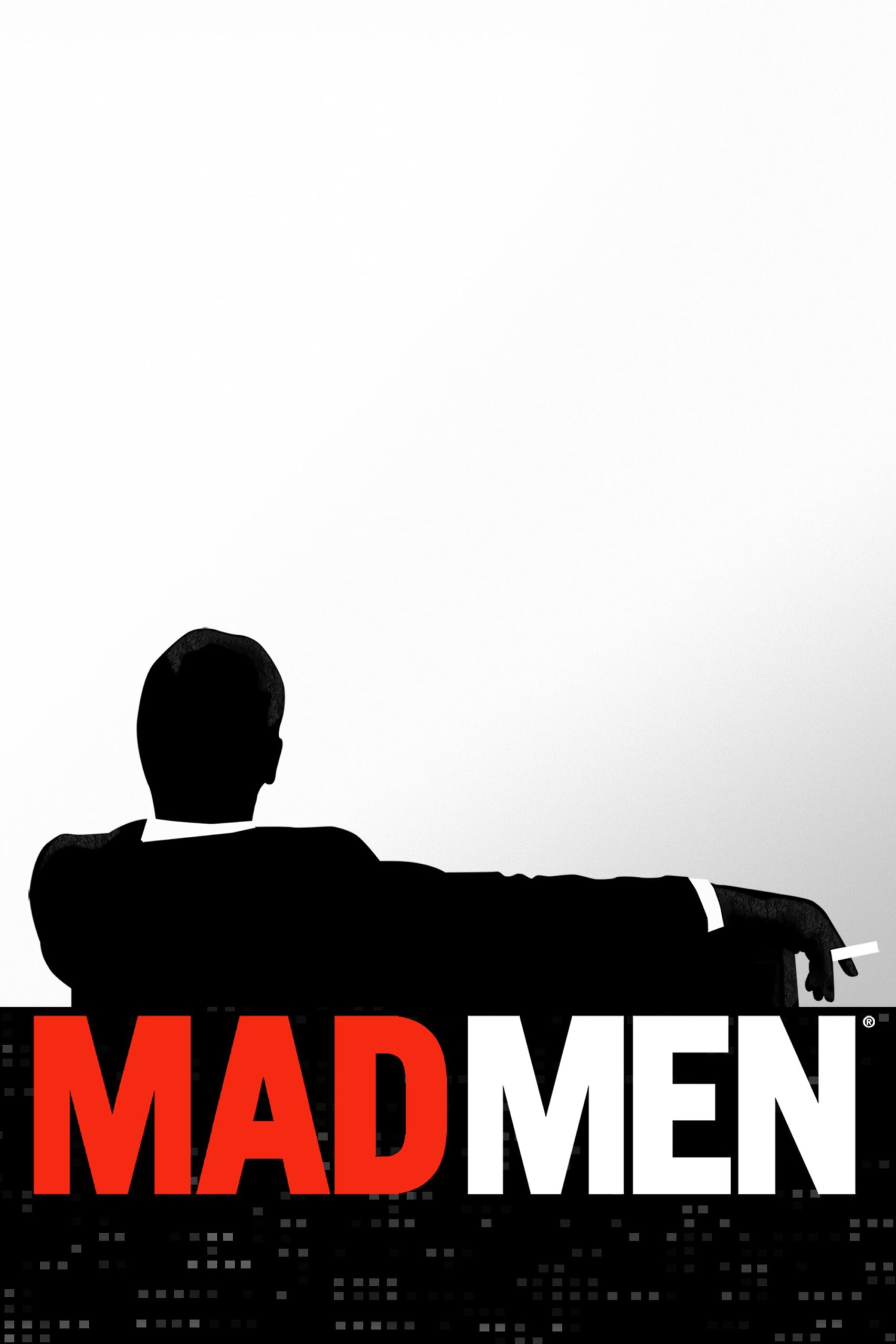 Silhouette of a man in a suit with an outstretched arm holding a cigarette, sitting against a white background. Bold text below reads MAD MEN with MAD in red and MEN in white. Inspired by the iconic series, this design captures classic style—perfect for Colombia IPTV fans looking to add a touch of vintage flair to their viewing experience.
