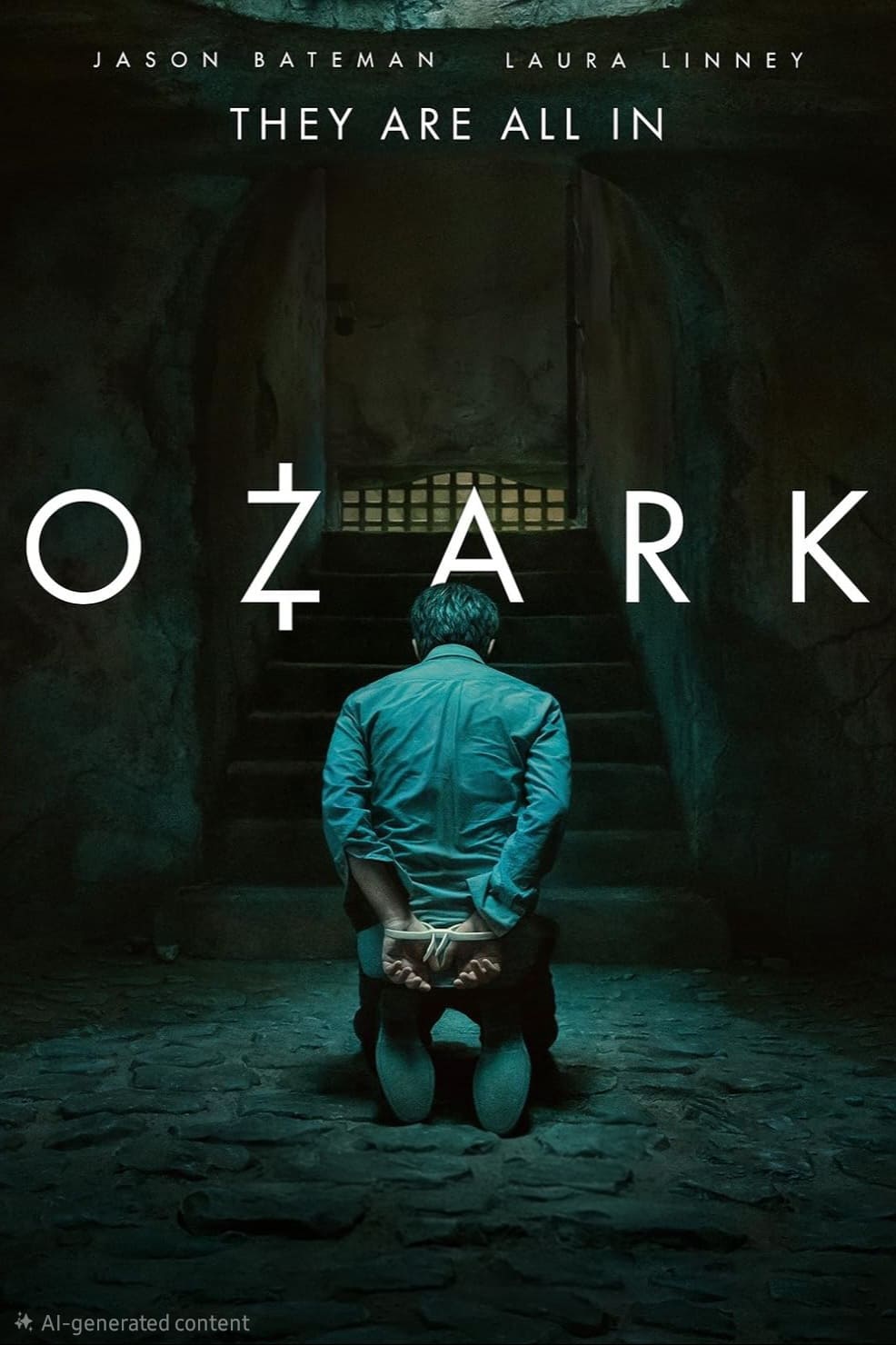 A man kneels with hands tied behind his back in a dim, stone room. The word Ozark appears over him, with They are all in at the top and two actors' names: Jason Bateman and Laura Linney. Streaming on Colombia IPTV brings this gripping scene to life for viewers everywhere.