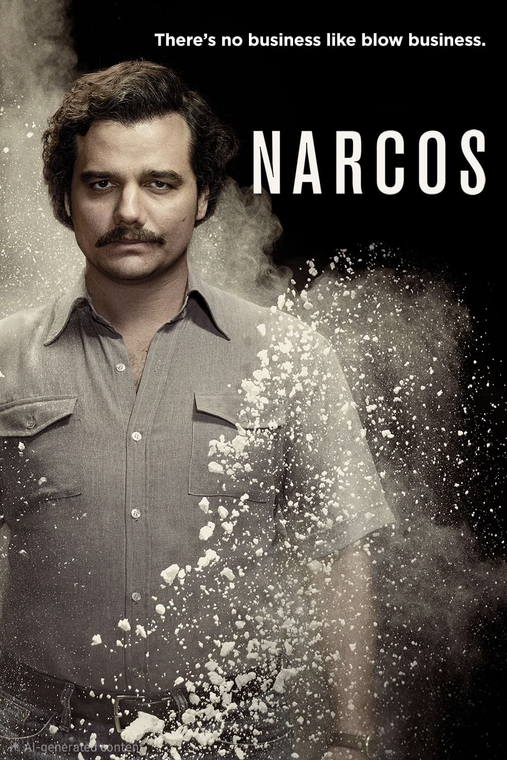 A man with a mustache stands amid a cloud of white powder, with “Narcos” in bold letters and the tagline “There’s no business like blow business” above him—a nod to Colombia IPTV dramas that depict the gritty underworld.