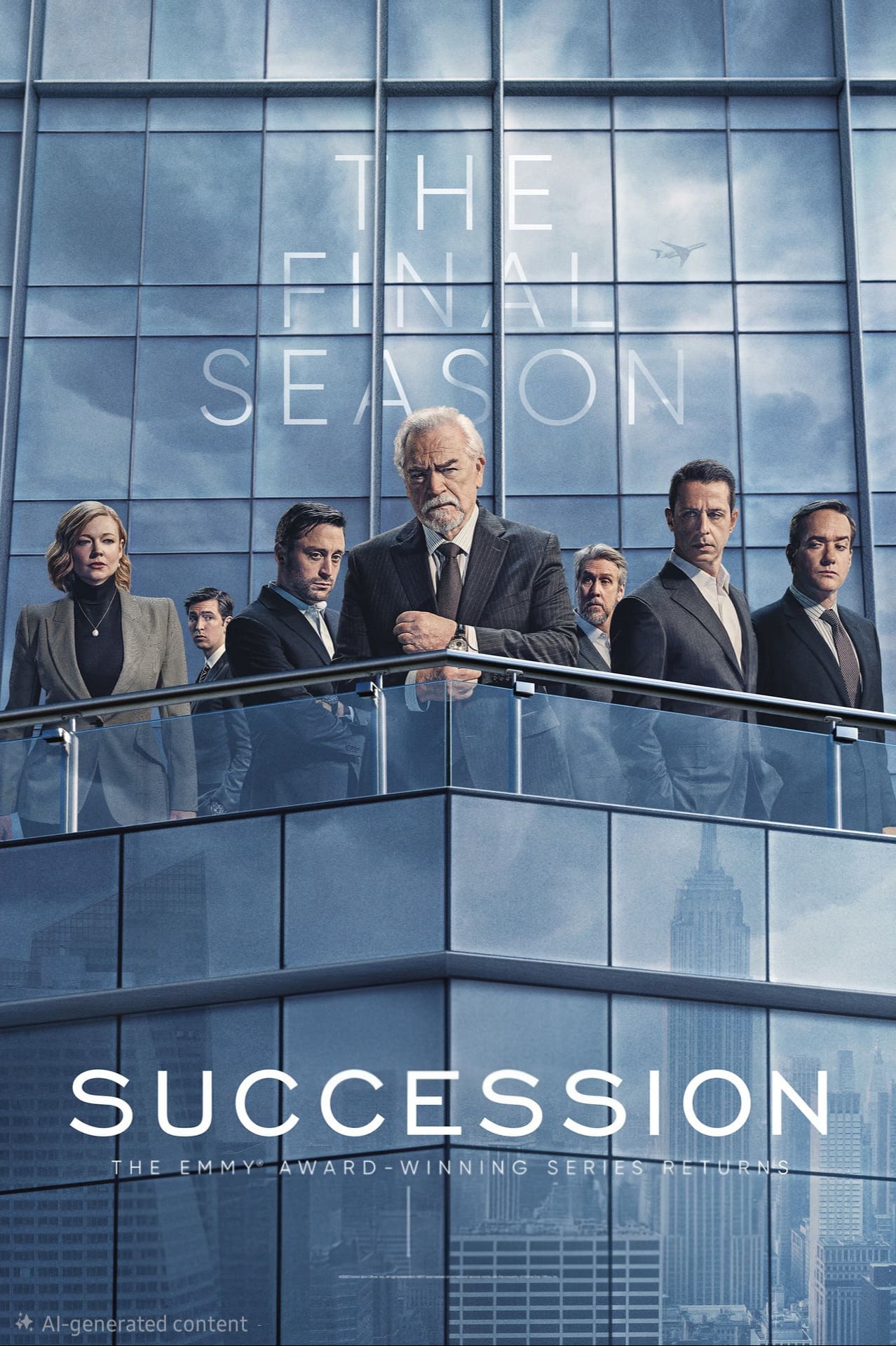 Seven people in business attire stand on a modern glass balcony, looking serious. Tall building windows reflect the sky. Text reads: The Final Season. Succession. The Emmy-award-winning series—now available to stream on Colombia IPTV.