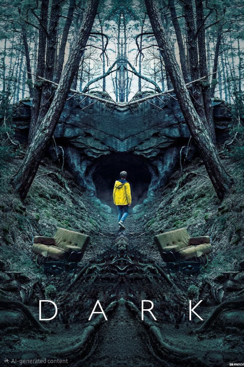 A person in a yellow raincoat stands at the entrance of a dark cave in a dense forest, with two old armchairs on either side. The word “DARK” is written at the bottom, subtly hinting at mysterious stories waiting to unfold—much like discovering hidden channels on Colombia IPTV.